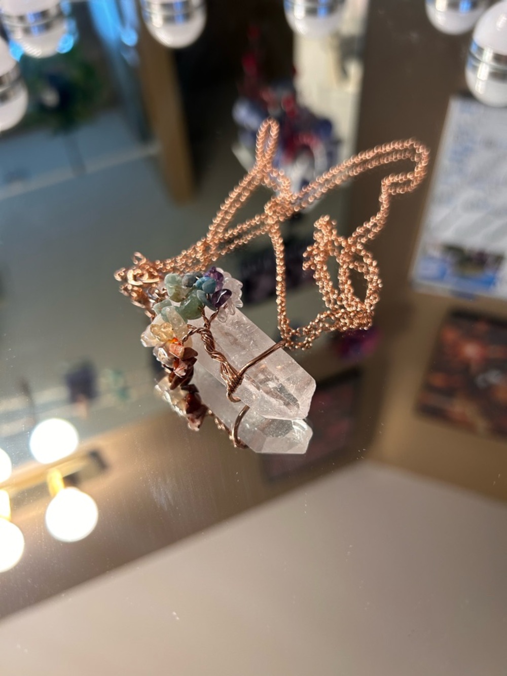 Rose Gold Crystal Point Necklace with Multi-Color Accent Stones